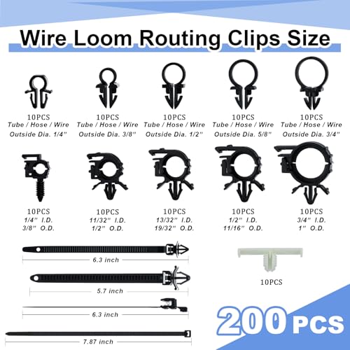 Funnymoom 200pcs Car Wire Loom Routing Clips Push Mount Cable Tie Assortment 15 Sizes Cable Zip Tie with Car Wire Loom Routing Clips Universal Wiring Harness Clip Replacement Parts for Automotive