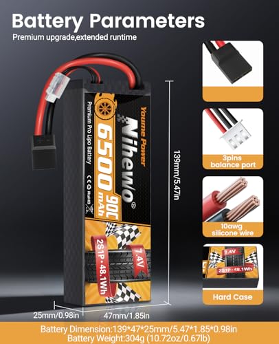 2S Lipo Battery 6500mAh 7.4V RC Battery 90C Hard Case with Tr + EC5 Plug Compatible with RC Car Truck Vehicles Truggy Buggy Boat Airplane Models (2 Packs)
