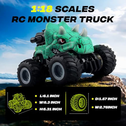 BEZGAR Monster Truck Toys, RC Cars with Mist Spray & Light, Two Batteries | Cyan Dinosaur Toys, 360° Stunt Spins RC Truck with Music, 4WD Remote Control Car for Boys 4-7, 40+ Mins Battery Life - color: Cyan