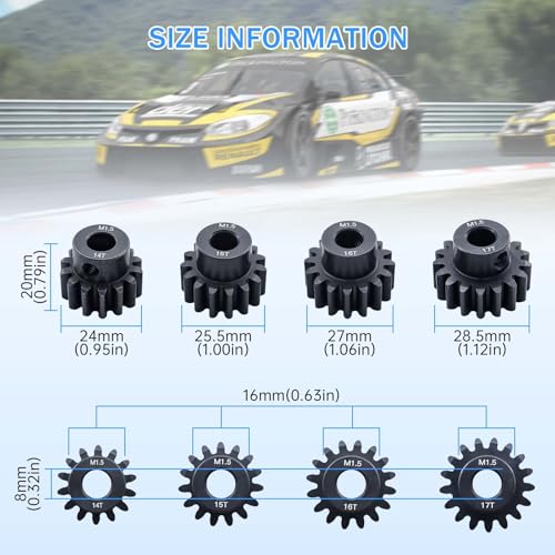M1.5 Pinion Gear 14T 15T 16T 17T 8mm Shaft Steel Motor Gear Set for 1/5 1/6 1/7 1/8 1/10 Tra-xxas Arrma HSP HPI AXIAL LOSI RC Car Brushed Brushless Motor - size: 14T 15T 16T 17T