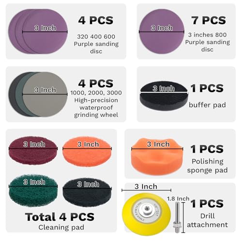BFXM 38Pcs Car Headlight Restoration Kit, 3 Inch Headlight Polishing Kit | Headlight Cleaning Kit with Sanding Disc Scouring Pad Polishing Pad for Drill, Universal Automotive Tools for Car Headlight