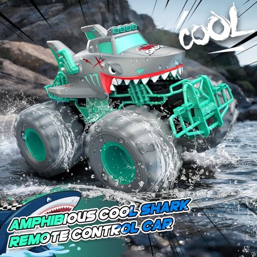 Waterproof Shark Remote Control Car, 1:16 Amphibious RC Cars 4WD All Terrain Off Road Monster Trucks Toys, RC Truck Pool Toys for Kids 3-5 6-8 8-12 Year Old Boy Birthday Gift, Gray - color: Gray