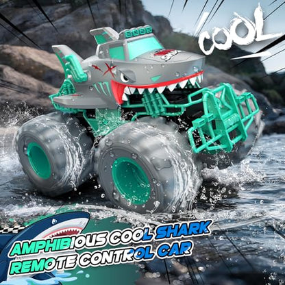 Waterproof Shark Remote Control Car, 1:16 Amphibious RC Cars 4WD All Terrain Off Road Monster Trucks Toys, RC Truck Pool Toys for Kids 3-5 6-8 8-12 Year Old Boy Birthday Gift, Gray - color: Gray
