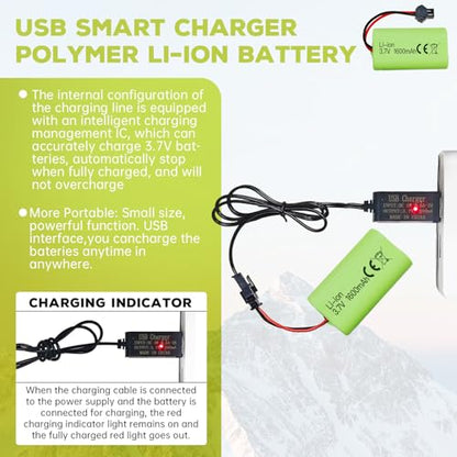 sea jump 2PCS 3.7V 1600mAh Li-ion Battery SM-2P Plug with USB Charging Cable for 9962 8837 Remote Control Toy Car, Engineering Vehicle, and Truck Backup Battery