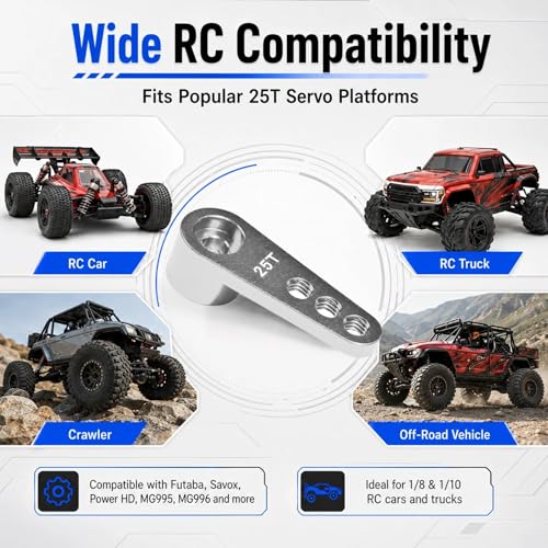 2PCS 25T Aluminum Servo Horn, 3-Hole RC Steering Arm for Futaba Savox MG995 | CNC Aluminum Servo Arm M3 Thread Adjustable Linkage 12mm 16mm 20mm Positions 1/8 1/10 RC Power HD MG996 Crawler Buggy Truck - color: Silver