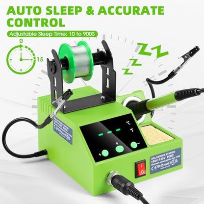 Soldering Station, 100W Digital Display Soldering Iron Station Kit with 2 Helping Hands, 356°F - 896°F, Auto Sleep, °C/°F Conversion, Solder Wire, Tips, Stand, Pump, Tweezers, Tip Cleaner, Green