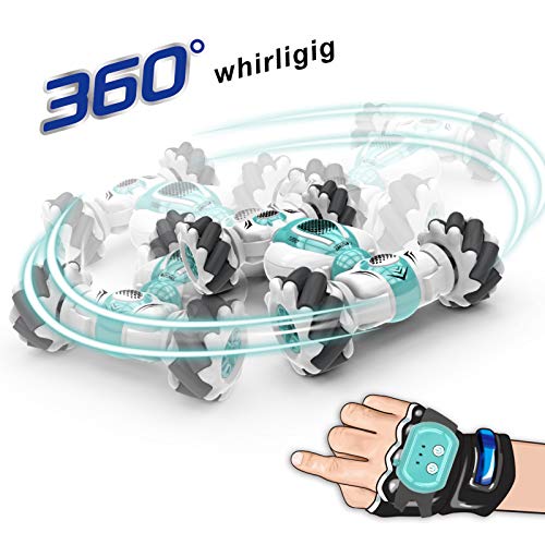 GoolRC RC Stunt Cars, 2.4GHz 4WD Watch Gesture Sensor Car, Deformable All-Terrain Off Road Car with 360° Flips and Double Sided Rotating, Electric Toy Vehicle for Teens (Blue)