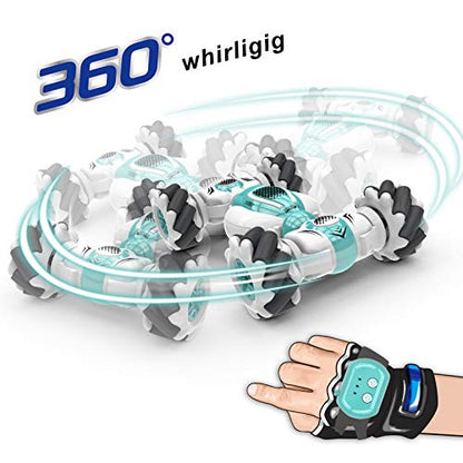 GoolRC RC Stunt Cars, 2.4GHz 4WD Watch Gesture Sensor Car, Deformable All-Terrain Off Road Car with 360° Flips and Double Sided Rotating, Electric Toy Vehicle for Teens (Blue)