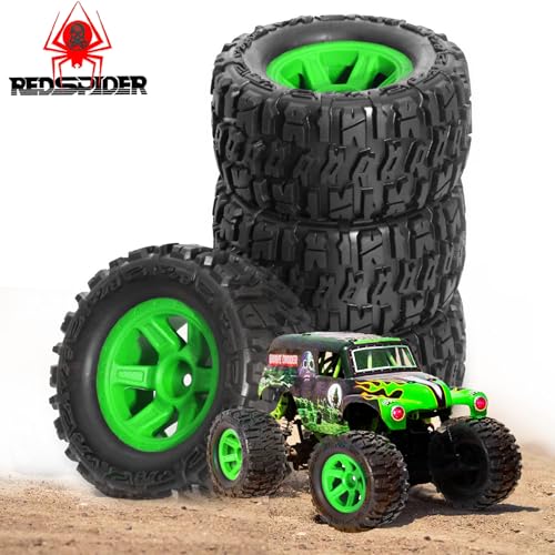 REDSPIDER 1/14 RC Monster Truck Wheel Rim Tires (4pcs) Hex 12mm OD 3.54'' for 1/12 1/14 1/16 RC Off Road Monster Truck TRX E-REVO Summit HPI SAVAGEGT-2XS REDCAT Volcano-16 (Green) - color: Green