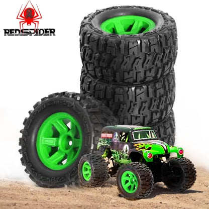 REDSPIDER 1/14 RC Monster Truck Wheel Rim Tires (4pcs) Hex 12mm OD 3.54'' for 1/12 1/14 1/16 RC Off Road Monster Truck TRX E-REVO Summit HPI SAVAGEGT-2XS REDCAT Volcano-16 (Green) - color: Green