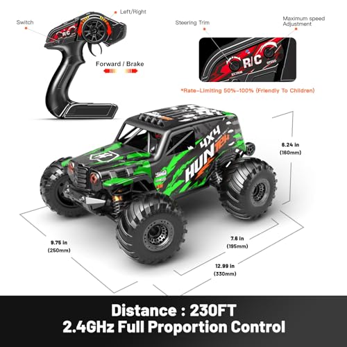 RC Cars 1:14 Scale 4WD Off-Road Monster Truck Rc, 40+ KM/H 4X4 Waterproof ESC Remote Control Car with Dual 7.4V 1300mAh Batteries, Extra Paddle Tires & Full Roll-Cage Frame for Adults & Boys