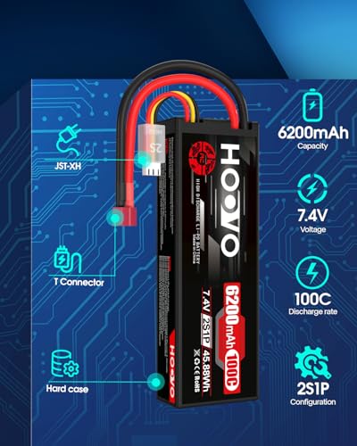 HOOVO 2S Lipo Battery,7.4V 6200mAh 100C LiPo Battery RC Pack T Plug 2 Pack | Hard Case,compatible with RC Buggy Vehicles Car Boat Truck
