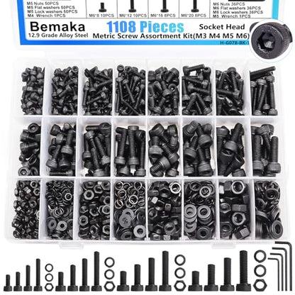 1108PCS Metric Screw Assortment Kit, M3 M4 M5 M6 Metric Bolts and Nuts Kit with with Lock & Flat Washers, 12.9 Grade Alloy Steel Hex Socket Head Cap Screws for 3D Printing - size: M3 M4 M5 M6, style: Socket Head