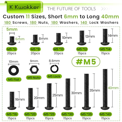 680 x M5 Nuts and Bolts Assortment Kit 6mm-40mm, 11 Length Button Head Hex Socket Cap Machine Screws 12.9 Alloy Steel M5 Screw Assortment, Bolts and Nuts Kit 6/8/10/12/14/16/20/25/30/35/40MM - size: E. M5