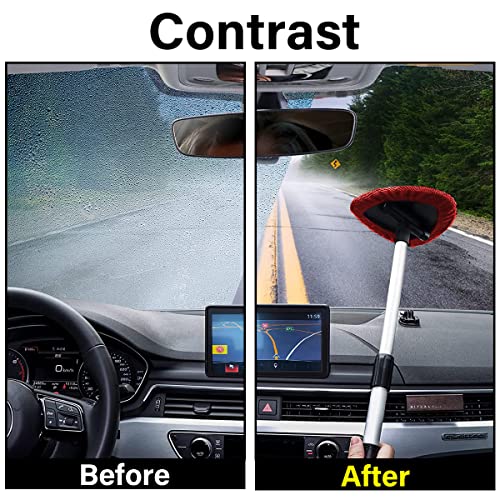 Moly Magnolia Windshield Cleaner Tool, 4 Pads, 19.29 Inch Reach, Red | For sedans, SUVs, trucks, washable microfiber covers, 180° swivel head, aluminum shaft, PP grip, car interior accessories - color: Red