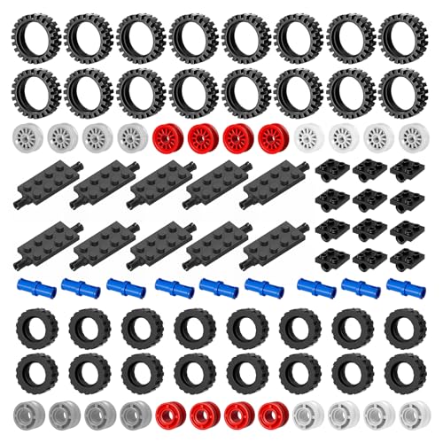 Wheels and Axles Sets Tires Building Kit, Compatible with Lego Wheels and Axles, 98 Pcs Car Parts and Classic Pieces Accessories, Bulk Bricks Sets Education Construction Toys