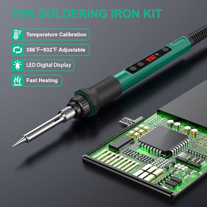 Soldering Iron Kit, 70W Soldering Gun with LED Digital Display, Adjustable Temperature 356-932℉ Solder Kit for Electronics, Includes 5pcs Tips, Stand, Solder Wire, Sponge, Paste, Green - color: Green