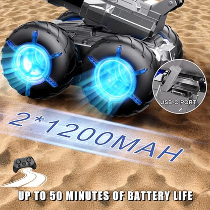 3-in-1 Amphibious RC Car & Boat 4WD All-Terrain Stunt Car | Gesture Sensing RC Trucks Toys Built-in Water Gun Swimming Pool Toys Birthday Gifts for 8 9 10 11 12 +Year Old Boys Girls - color: Blue
