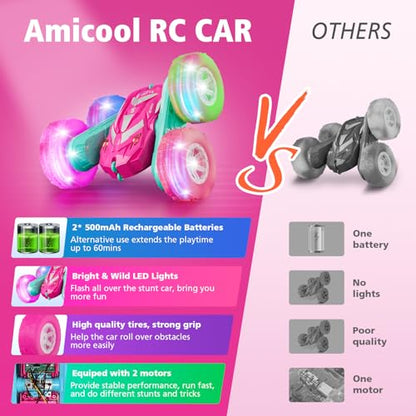 Amicool Remote Control Car for Girls 6-12 with Flashing Light, Toys 6 7 8 9 Years Old Girl Birthday Gifts Idea, RC Cars Stunt 4WD 2.4Ghz Double Sided 360° Flip, Present for Kids, Christmas, Pink - color: Pink