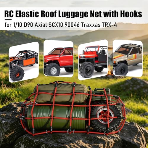 1/10 RC Elastic Cargo Net 19×12cm with Hooks, Scale Luggage Net for TRX4 | Compatible with TRX4 SCX10 D90 Axial 90046 1/10 RC Crawler Truck Accessories (Red) - color: Red