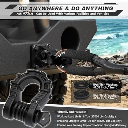 AUTMATCH D Ring Shackles 3/4" Mega Shackle (2 Pack) 68,000Ibs Break Strength - Heavy Duty Clevis Shackles 7/8" Screw Pin & Isolator Washer for Tow Strap Winch Off Road Vehicle Recovery, Frosted Black - color: Frosted Black
