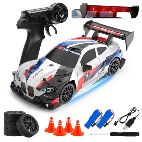 RC Drift Car, 1:24 Scale Remote Control Vehicle for Kids,2.4GHz 20KM/H 4WD High Speed RC Cars with LED Light, Two Batteries & Drifting Tires Racing Sport Toy Cars for Adults Boys Girls Kids 8607WH - style: 8607-White