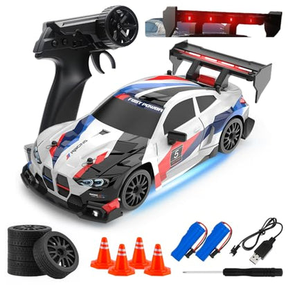 RC Drift Car, 1:24 Scale Remote Control Vehicle for Kids,2.4GHz 20KM/H 4WD High Speed RC Cars with LED Light, Two Batteries & Drifting Tires Racing Sport Toy Cars for Adults Boys Girls Kids 8607WH - style: 8607-White