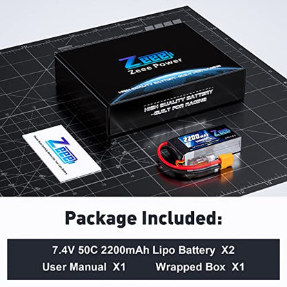 Zeee 2S Shorty Lipo Battery 2200mAh 7.4V 50C with XT60 Connector (2 Pack) | RC Battery Soft Pack for 1/16 Slash RC Car RC Truck RC Helicopter Airplane Quadcopter Drone RC Boat Racing Models