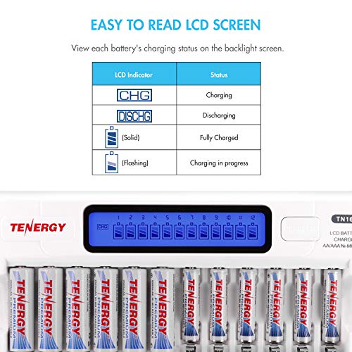 Tenergy TN160 12-Bay LCD NiMH/NiCD AAA/AA Battery Charger + 12x AA NiMH Rechargeable Batteries, Double A Batteries for Everyday Electronics - size: Charger + 12 Pack NiMH AA