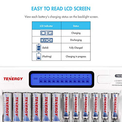 Tenergy TN160 12-Bay LCD NiMH/NiCD AAA/AA Battery Charger + 12 AA Premium NiMH Rechargeable Batteries - size: Charger + 12 Pack Premium AA