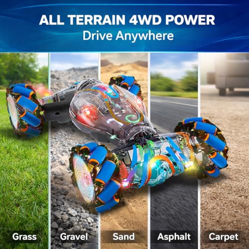 Gesture Control RC Car for Kids – Transparent Colorful Twist Drift Stunt Car, Hand Gesture Sensor, 4WD Double-Sided Car, 360° Spins & Flips, LED Lights, Spray Exhaust, All-Terrain Toy Boys 6-12