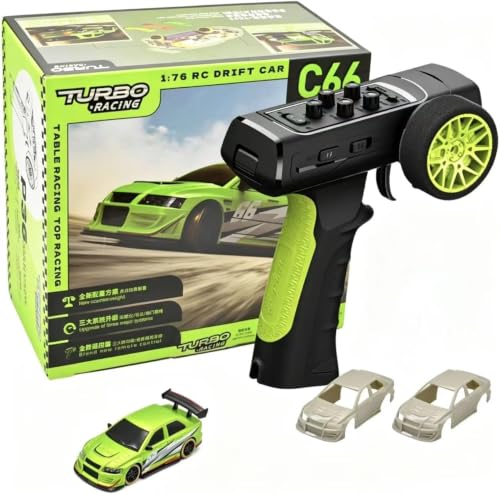 Turbo Racing C66 1:76 RC Drift Car with Gyro & LED Lights (C66-Green) | Includes mini track, 2 blank shells, 4 light guides & tools — everything to race right out of the box - color: Green