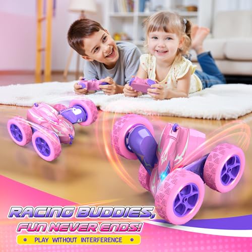 Excitobo Remote Control Car,RC Cars for 4 5 6 7 8 9 10 11 12 Year Old Girl Double Sided 360°Flip 4WD Rechargeable Drift RC Race Car Girls Toys Birthday Gifts Easter Basket Stuffers for Kids Age 4-12 - color: Pink