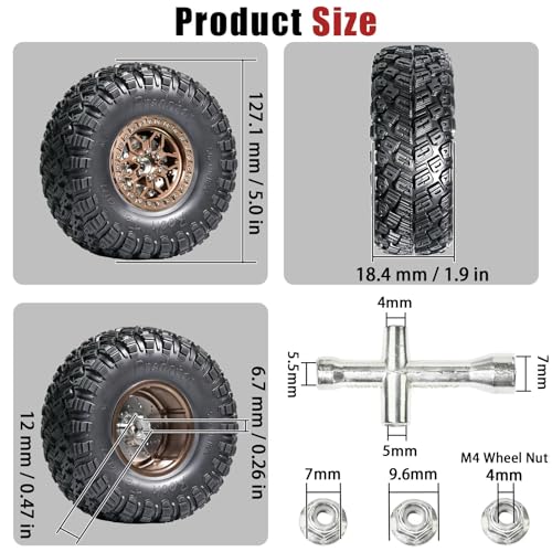 2.2 RC Crawler Tires 1/10 Beadlock Wheels 12mm Hex, Mud Terrain Rock Tires Soft Rubber 5.0x1.9, Aluminum Beadlock Rims 5.5mm Offset, RC Wheel Tire Set for SCX10 TRX4 TRX6 Gen8 VS4-10 D90 CFX - color: Bronze