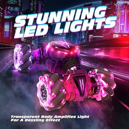 Tecnock Remote Control Car for Boys Girls, 2.4GHz 4WD Gesture Sensing RC Stunt Car Toys - 360° Rotating Double Sided Hand Controlled RC Cars with LED Lights, Gifts for Kids Ages 6-8, 8-12 - color: Purple