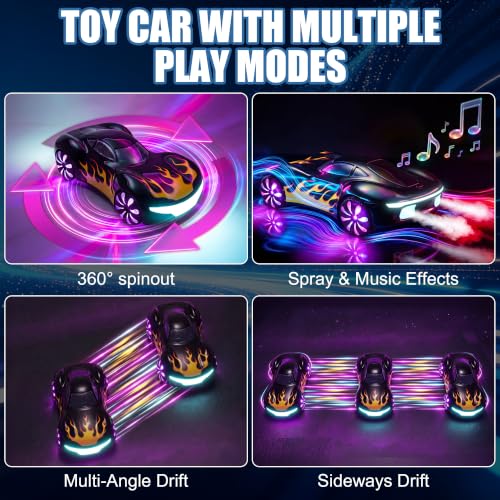 Gesture Sensing RC Stunt Car, 4WD Drifting Remote Control Car for Boys 4-12 | 2.4GHz 50 Min Play Dual Batteries, Mist Spray & LED, 360° Spinning, Birthday Gift for Kids Ages 4-12, Party Gifts, Black - color: 3-black