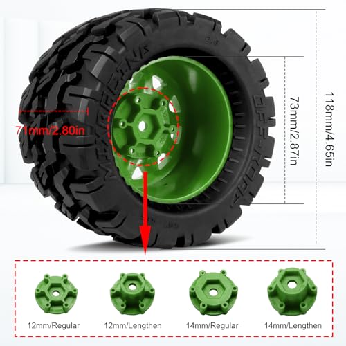 OGRC Wheels and Tires 12mm/14mm Hex RC Truck Tires with Foam Inserts for 1/10 Scale Arrma Granite Axial Losi Redcat Rc4wd RC Monster Truck Buggy (Green) - color: Green