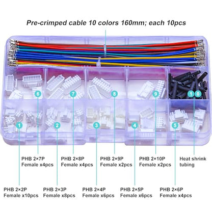 JST Connector Kit 2.0mm Pitch JST-PHB 2.0 Female Connector with Premium 22AWG Pre-Crimped Cables,Dual Row witht Lock PH 2.0mm 2 * 2/3/4/5/6/7/8/9/10 Pin Female Housing (PHB-MM-Kit) - size: JST-2.0MM-PHB Dual Row with Lock