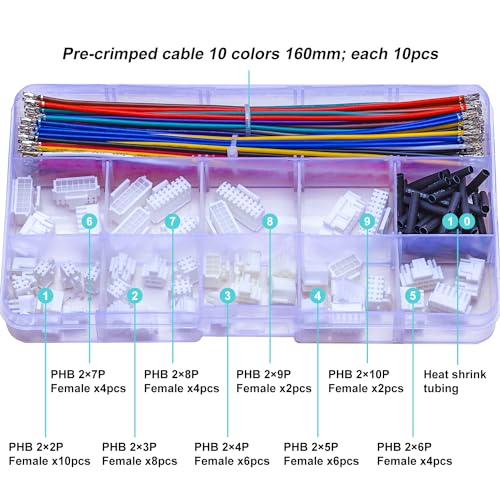 JST Connector Kit 2.0mm Pitch JST-PHB 2.0 Female Connector with Premium 22AWG Pre-Crimped Cables,Dual Row witht Lock PH 2.0mm 2 * 2/3/4/5/6/7/8/9/10 Pin Female Housing (PHB-MM-Kit) - size: JST-2.0MM-PHB Dual Row with Lock