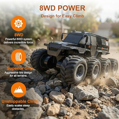 KB KAIBO 1:12 Large Amphibious Remote Control Car Monster Truck - 8WD All Terrain Waterproof RC Toy for Kids, 7.4V High-Speed Remote Control Car for Boys Girls Ages 6-12, Perfect Birthday Gifts -Black - color: Black
