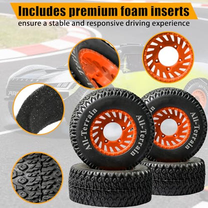 1/10 RC Short Course Truck Tire and Wheel- 12mm/17mm Hex, Orange | All-Terrain Tires and Nylon Wheels Compatible with 1/10 Traxxas Slash 4WD 2WD Arrma Senton Axial Losi Redcat RC Buggy, 4-Pack - color: Orange
