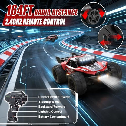 Remote Control Car, 4WD High Speed 30+KPH RC Cars for Boys Age 8-12, 2.4GHz RC Monster Truck Toys, 1:18 RC Truck with 2 Rechargeable Batteries & LED Lights, Birthday Gifts for Adults Kids