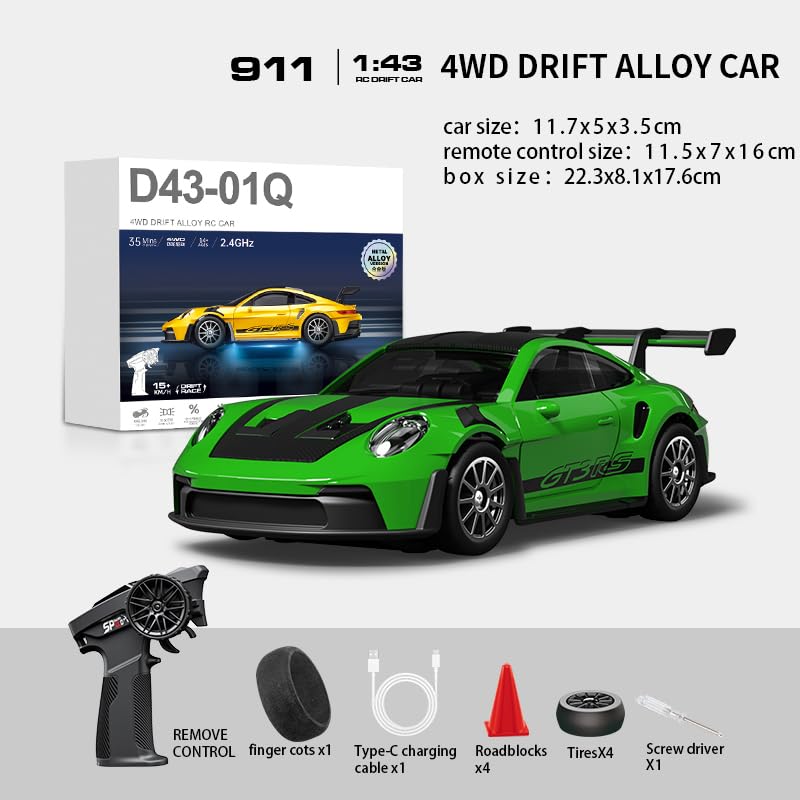 1/43 Scale RC Drift Car, 2.4G Full Proportional 4WD Remote Control Car with Gyro, Adjustable Speed & LED Lights, Alloy RC Vehicle for Adult