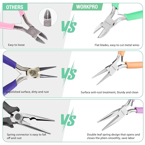 WORKPRO Jewelry Pliers Set, 3-Piece Mini Jewelry Tool Kit | Needle Nose Plier/Chain Nose Plier, Round Nose Pliers & Wire Cutter for Jewelry Making, Beading & Wire Wrapping - color: Light Purple, Light Green, Orange