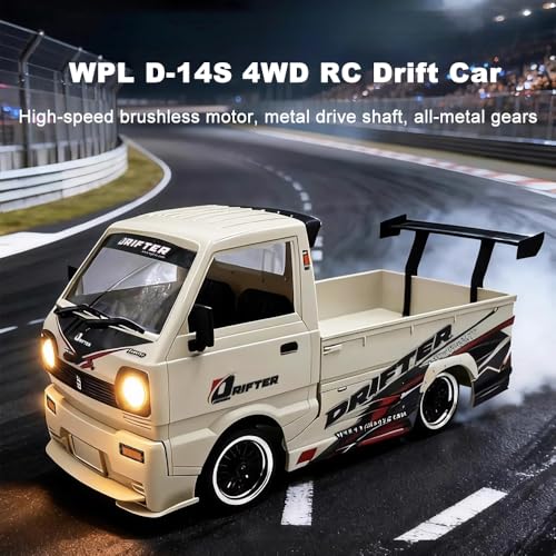 GoolRC WPL D-14S RC Kei Truck, 1:10 Scale Brushless RC Drift Car, 25KM/H High Speed Remote Control Car, 2.4GHz 4WD Proportional Throttle Steering Off Road Truck with LED Lights, 2 Batteries for Adults