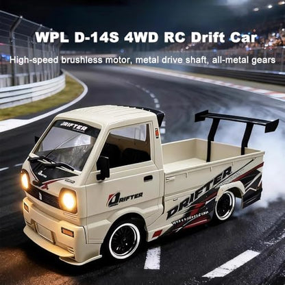 GoolRC WPL D-14S RC Kei Truck, 1:10 Scale Brushless RC Drift Car, 25KM/H High Speed Remote Control Car, 2.4GHz 4WD Proportional Throttle Steering Off Road Truck with LED Lights, 2 Batteries for Adults