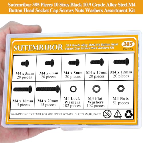 385 Pieces M4 Screws Nuts Washers Set Black, Sutemribor M4 x 5/6/8/10/12/16/20mm Button Head Socket Cap Screws Nuts Washers Assortment Kit, 10.9 Grade Alloy Steel, Fully Threaded - size: M4, style: Button Head Socket Cap