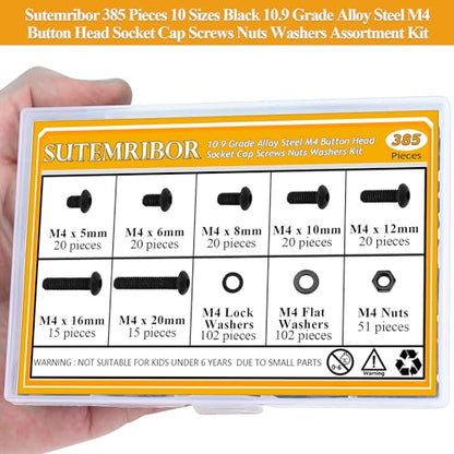 385 Pieces M4 Screws Nuts Washers Set Black, Sutemribor M4 x 5/6/8/10/12/16/20mm Button Head Socket Cap Screws Nuts Washers Assortment Kit, 10.9 Grade Alloy Steel, Fully Threaded - size: M4, style: Button Head Socket Cap