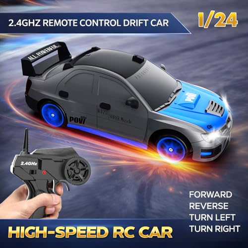 Remote Control Car RC Drift Car 2.4GHz 1:24 Scale 4WD 15KM/H High Speed Model Vehicle with LED Lights Drifting Tire Racing Sport Toy Car for Adults Boys Girls Kids Gift - color: F-grey