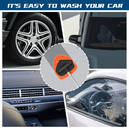 Car Wash Brush with Long Handle, Windshield Cleaning Tool, Car Washing Mop Kit Mitt Sponge Car Cleaning Supplies Kit, Microfiber Towel Gloves Universal for Cars RV SUV Truck Office (Orange) - color: Orange